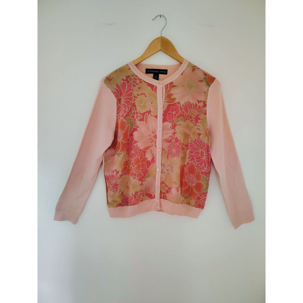 Josephine Chaus Floral Silk Cardigan Pink Button Front Cottagecore Grannycore